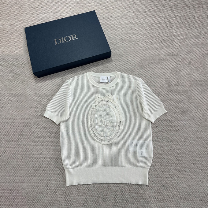 dior oval lace emblem openwork ribbed short sleeve knit top